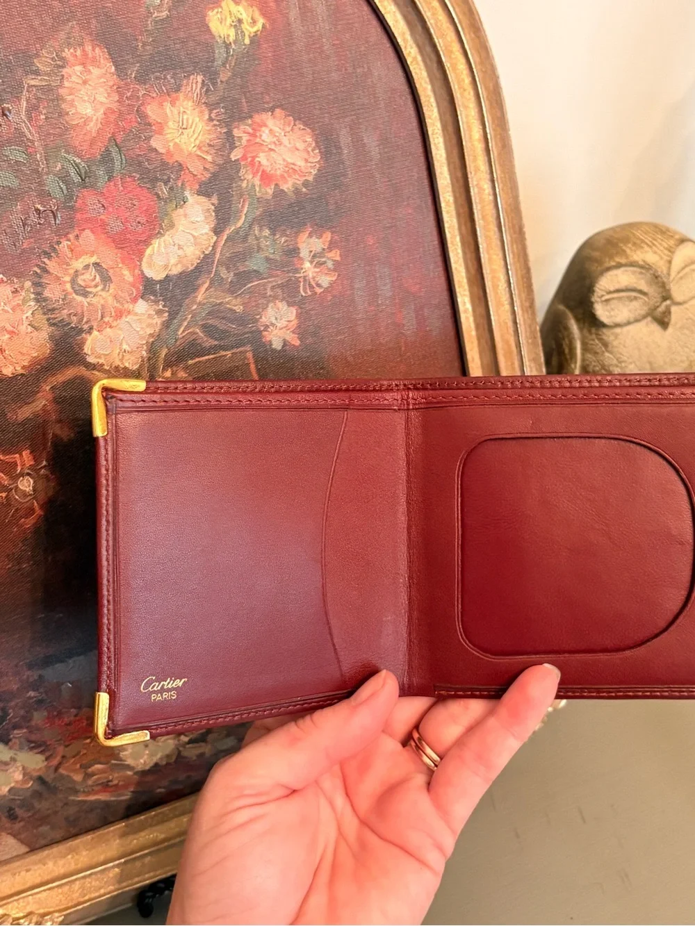 Cartier Burgundy Leather Men's Wallet with Gold Corner Accents